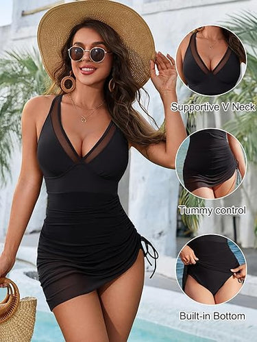 🏝️👙Slimming Mesh Sheer Sarong Wraps Tummy Control Swimsuit - Light and Graceful, Show Off Your Perfect Curves!